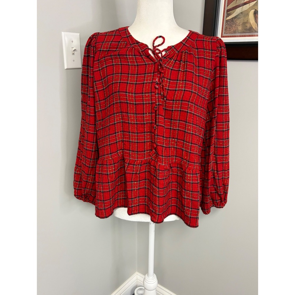 Loft Petites Red Plaid Metallic Peplum Blouse Tie Neck MP